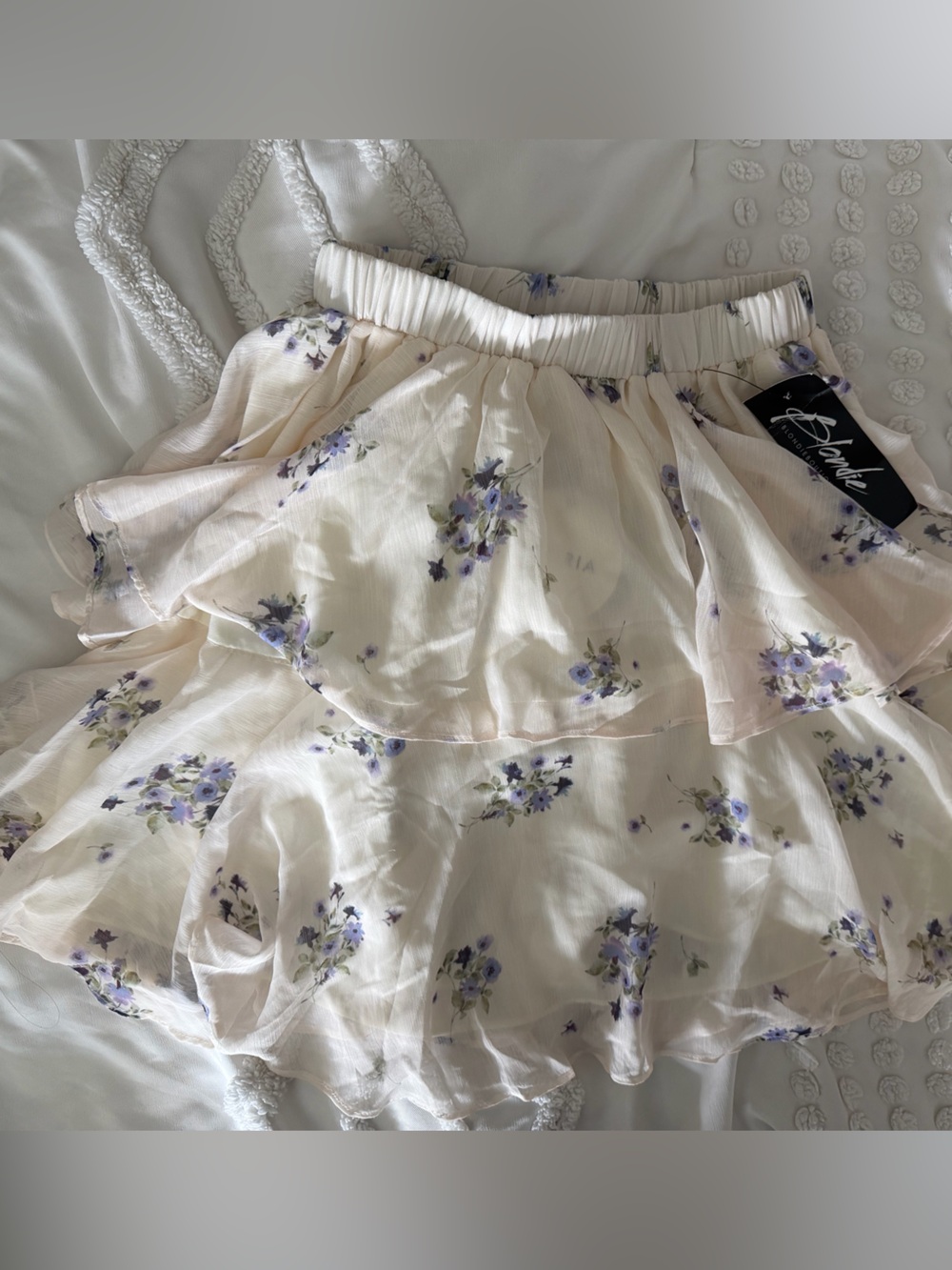 Floral Tiered Chiffon Skirt - Cream with Purple Flowers